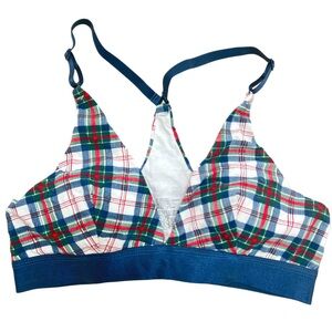 Free Press White & Navy Cotton Plaid Triangle Racerback Bralette - Size Small